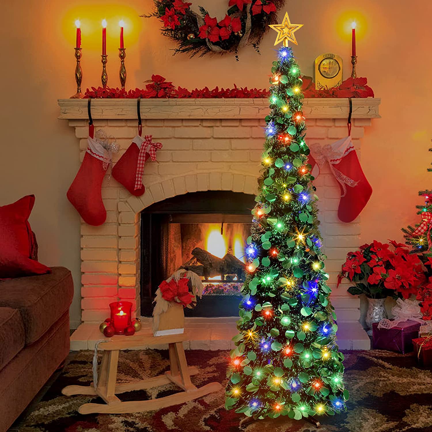 5 Ft Christmas Tree with Lights, Pencil Tinsel Collapsible Christmas Tree with 50 Multi Colored Lights Tree Topper for Christmas Decoration Home Party Decor Indoor Outdoor