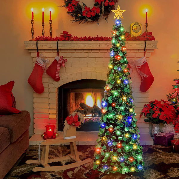 5 Ft Christmas Tree with Lights, Pencil Tinsel Collapsible Christmas Tree with 50 Multi Colored Lights Tree Topper for Christmas Decoration Home Party Decor Indoor Outdoor