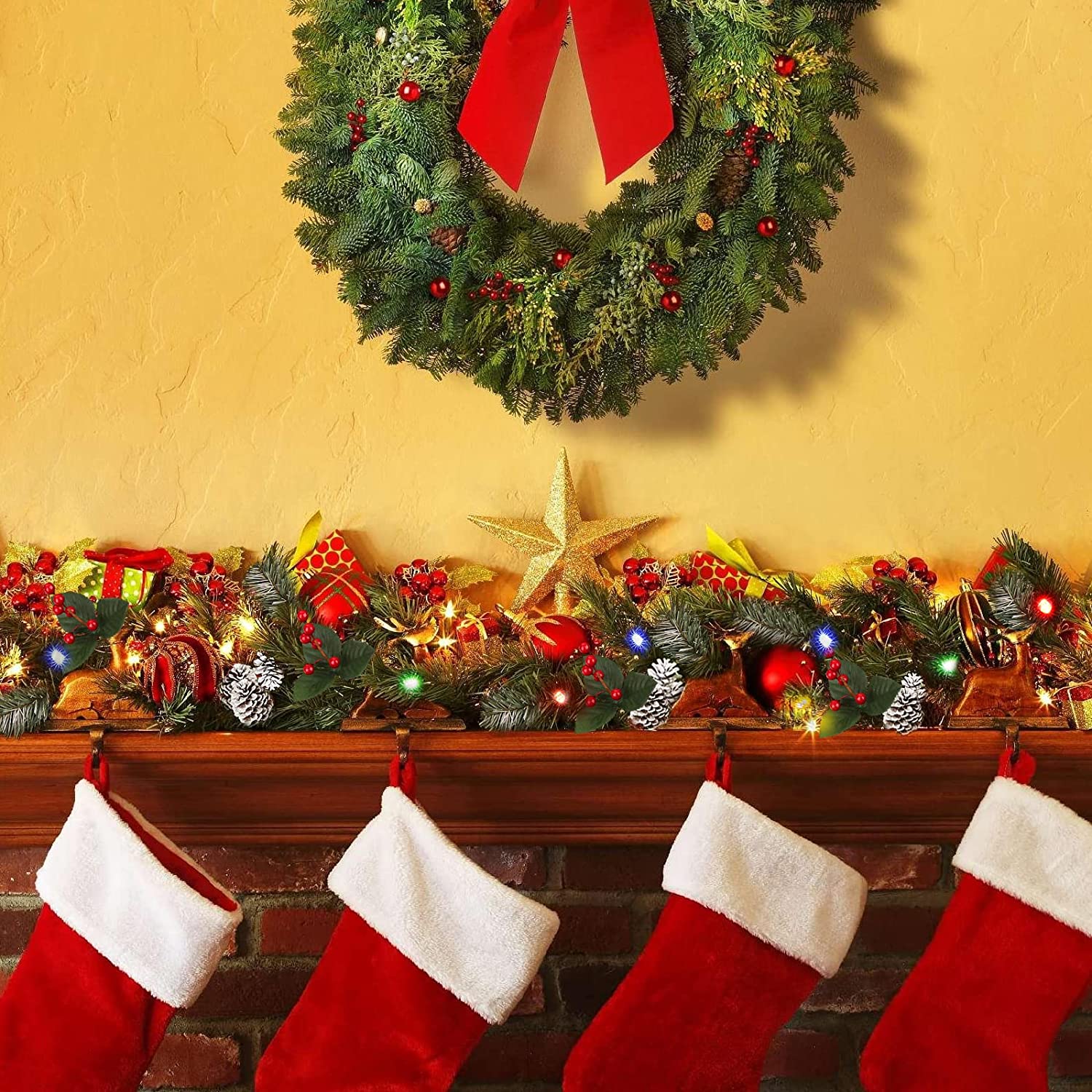 9FT Prelit Artificial Christmas Garland with Multi-Color Lights with Timer by Batteries Operated, Pine Cones and Red Berries for Mantle Stairs Fireplace Xmas Decoration, Indoor Outdoor, Snow