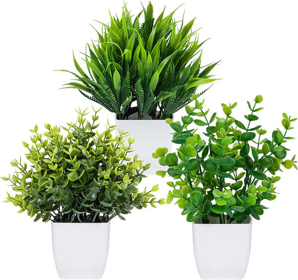 3 Pack Fake Plants in Pots Artificial Eucalyptus Plant Mini Potted Faux Plants Indoor Small Plastic Wheat Grass Shrubs Greenery in Pots for Table Desk Bathroom Bedroom Office Home Decor