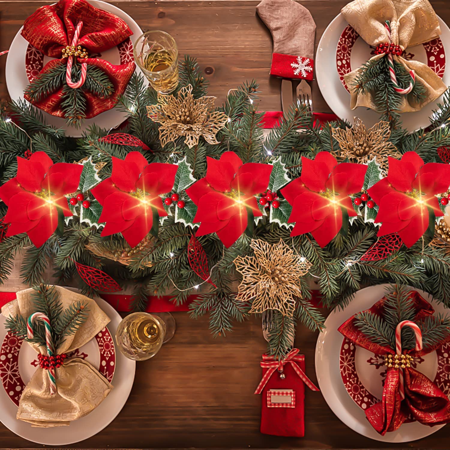 2 Pack Poinsettia Christmas Garland with Lights, 6.9 FT Christmas Garland Decorations, with Red Berries and Holly Leaves for Indoor Outdoor Fireplace Home Decor