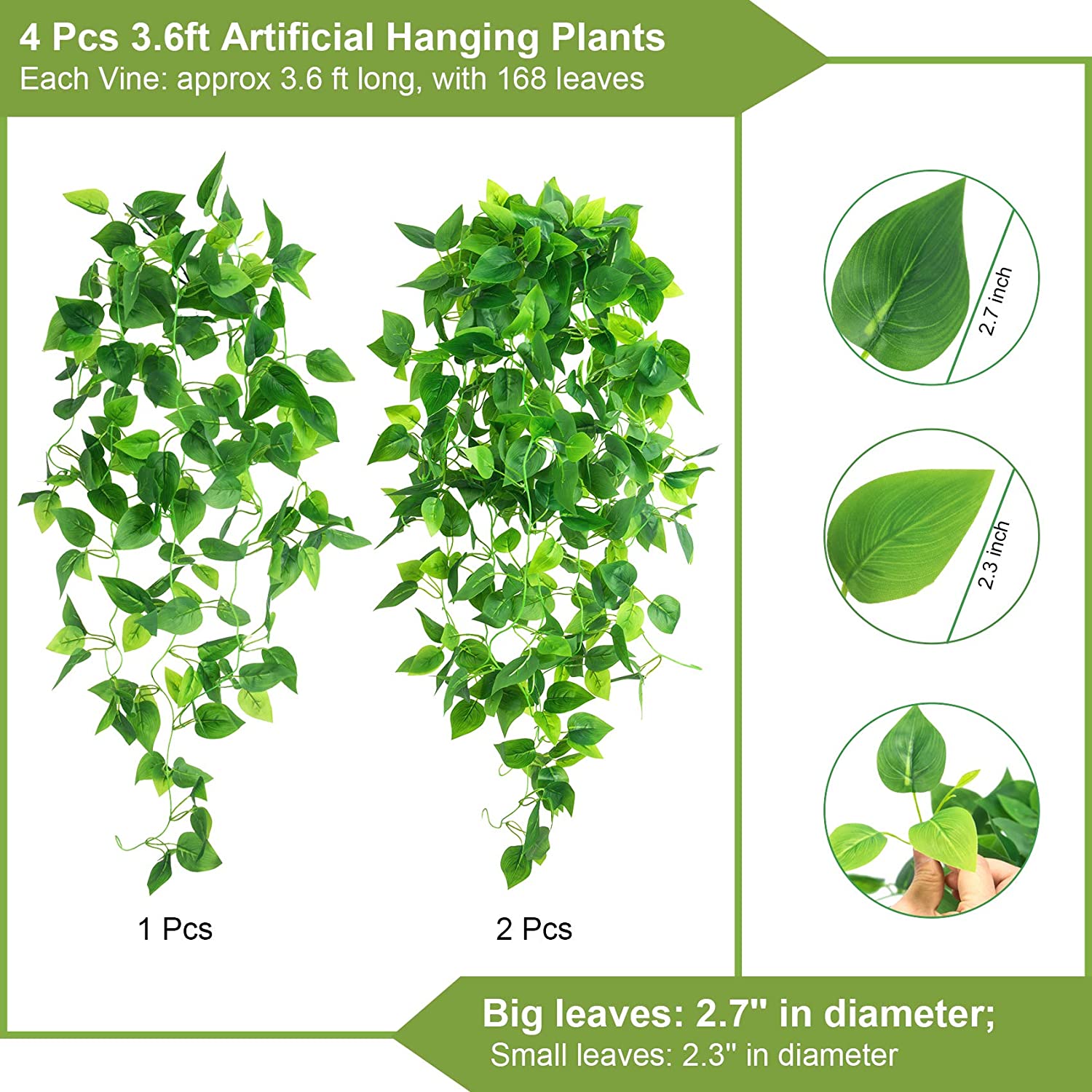 3.6 Ft Artificial Plants Fake Ivy Vines Hanging Wall Plants Fake Ivy Green Leaves Room Decor Indoor Outdoor Decorations