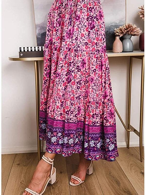 Women's A Line Maxi Skirt Bohemian Floral Printed Elastic Waist Skirt - CHALIER