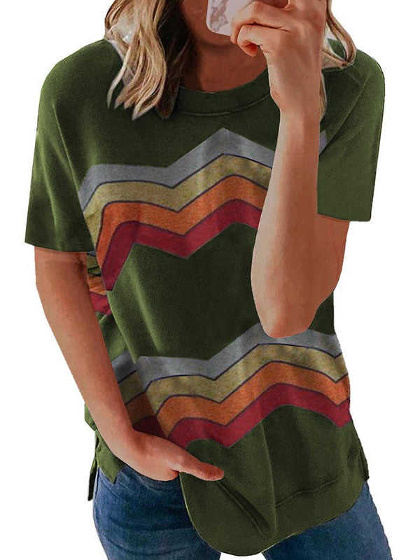 Women Geometry Striped  Casual Short Sleeve T-Shirt