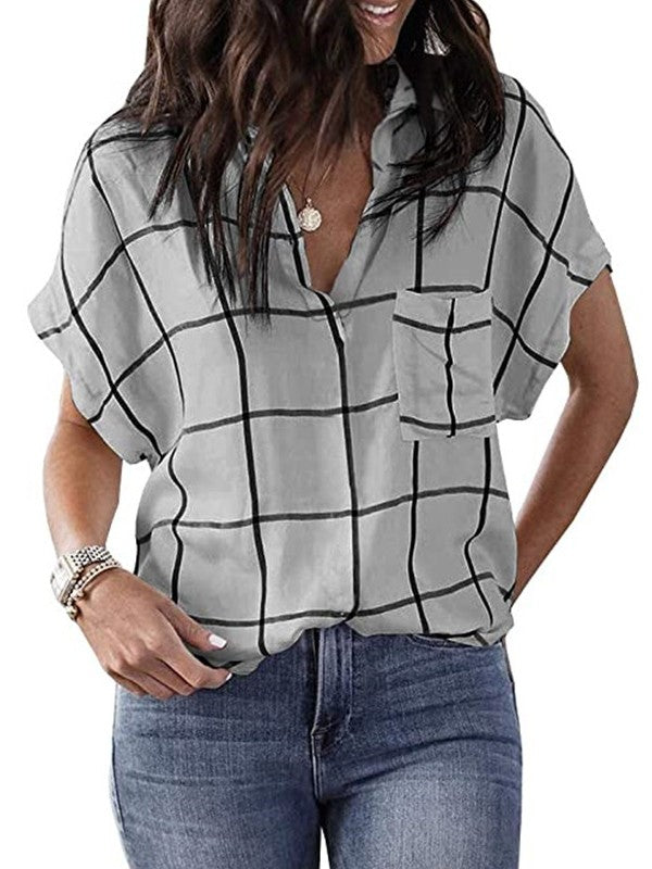 Women Plaid Printed V Neck Short Sleeve Blouse