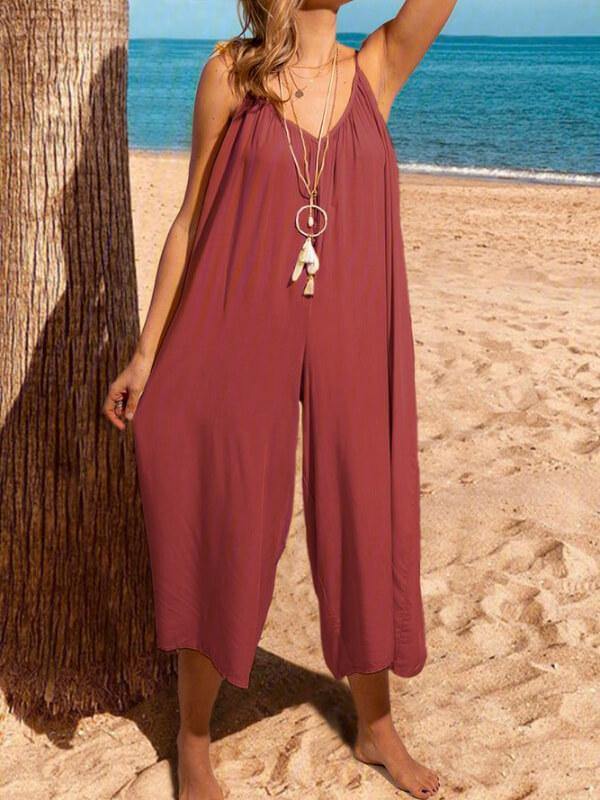 Chalier Solid Sleeveless Spaghettie Jumpsuit Wide Leg Pants - CHALIER