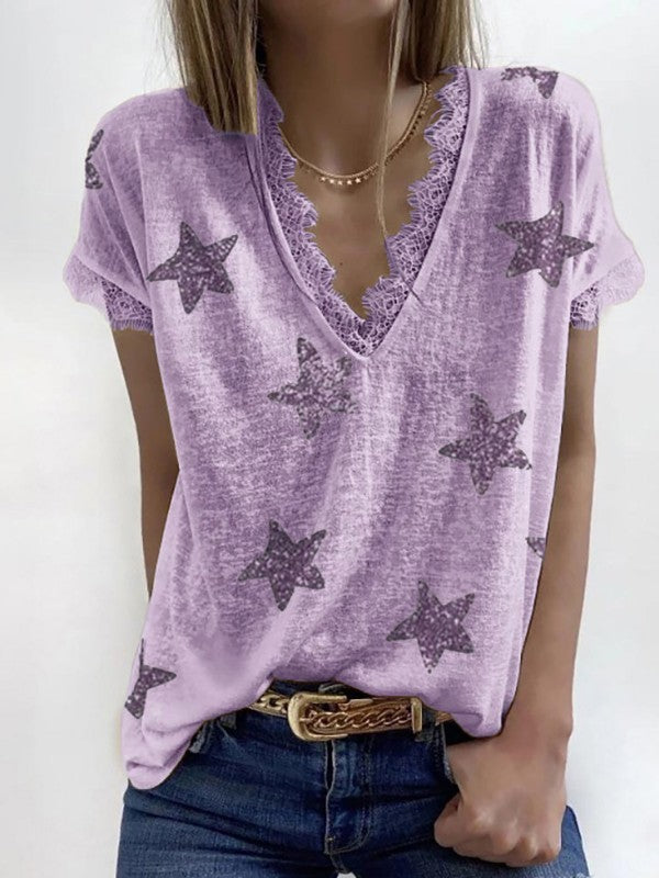 Women Lace Star Printed V Neck Short Sleeve T-Shirt
