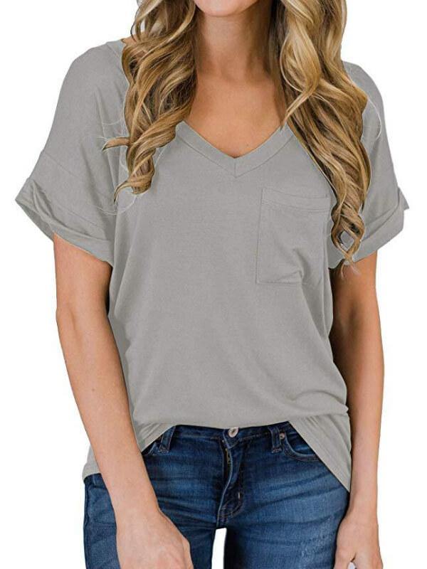 Women Cotton Solid V Neck Short Sleeve T-Shirt - CHALIER