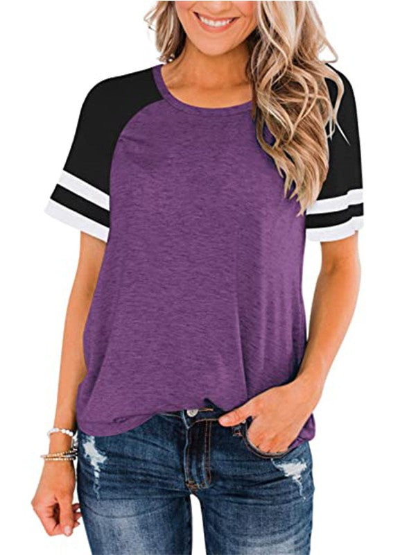 Women Stitch Striped Crew Neck Loose T-Shirt