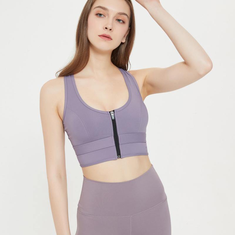 Womens Zip Front Sports Bra Wireless Bra Racerback Removable Pads Workout Active Yoga Sports Bra - CHALIER