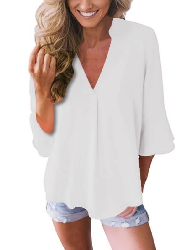 Women 3/4 Sleeve Solid Blouse V Neck Top - CHALIER