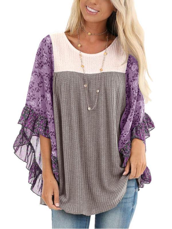 Batwing Sleeve Print Color Block Top - CHALIER