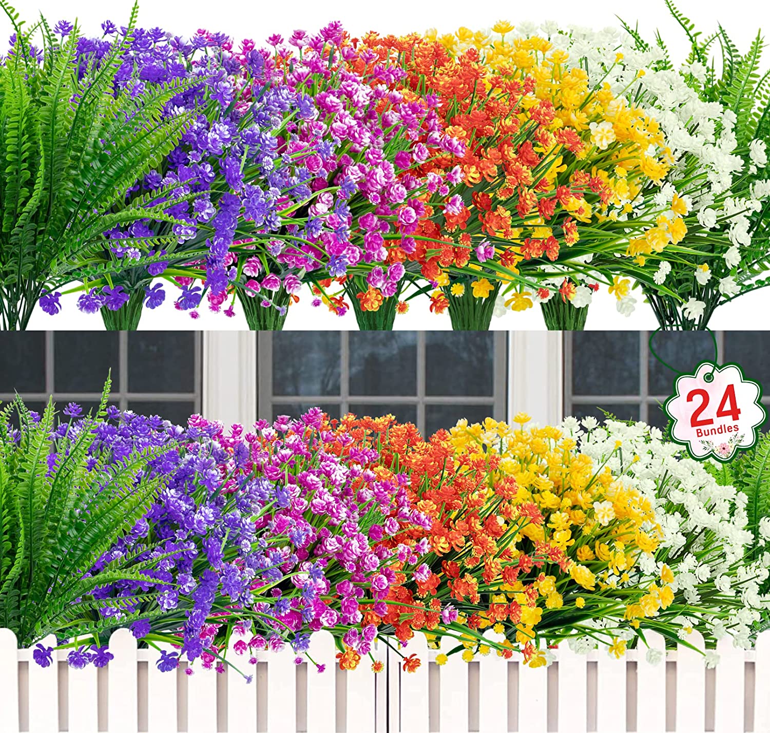 24 Bundles Artificial Flowers for Outdoor Decoration UV Resistant Fake Plastic Plants Faux Boston Fern Artificial Greenery for Spring Summer Indoor Outdoor Garden Patio Window Box Kitchen Home Decor