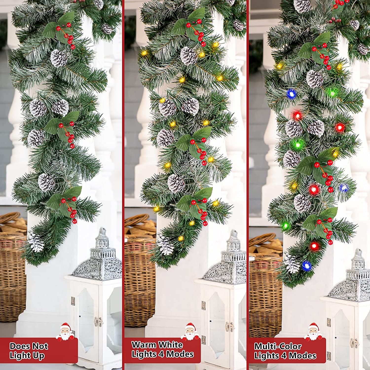 9FT Prelit Artificial Christmas Garland with Multi-Color Lights with Timer by Batteries Operated, Pine Cones and Red Berries for Mantle Stairs Fireplace Xmas Decoration, Indoor Outdoor, Snow