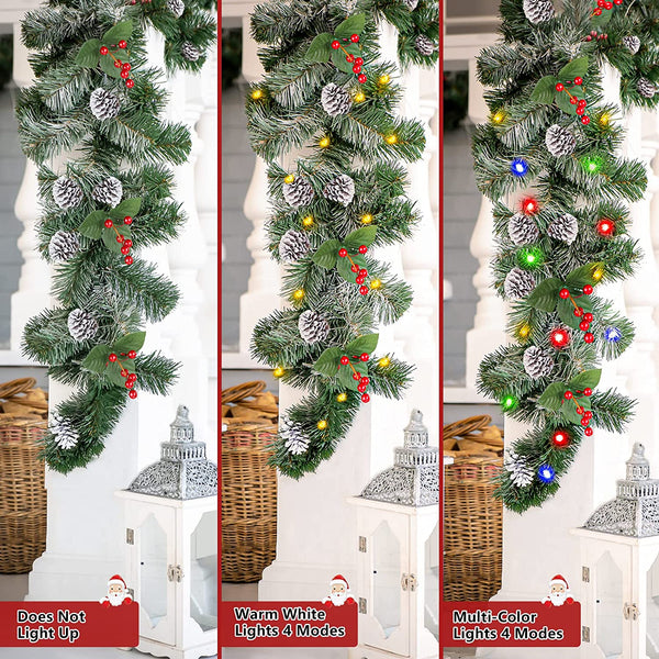 9FT Prelit Artificial Christmas Garland with Multi-Color Lights with Timer by Batteries Operated, Pine Cones and Red Berries for Mantle Stairs Fireplace Xmas Decoration, Indoor Outdoor, Snow