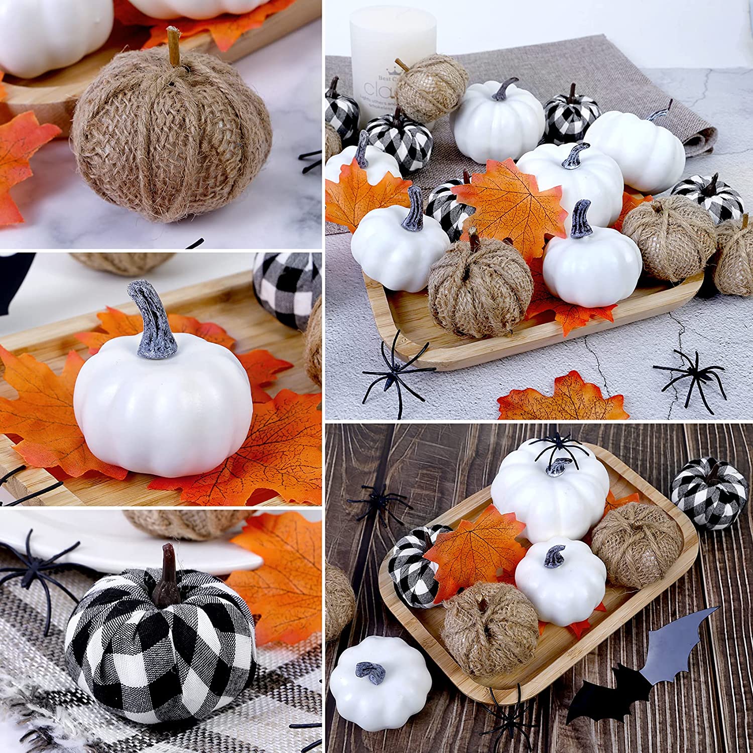 18 Pcs Fall Pumpkin Decor, Foam Artificial Pumpkins Burlap Grid White Pumpkins for Decorating Halloween Autumn Wedding Harvest Party Thanksgiving Fall Home Decorations, Black