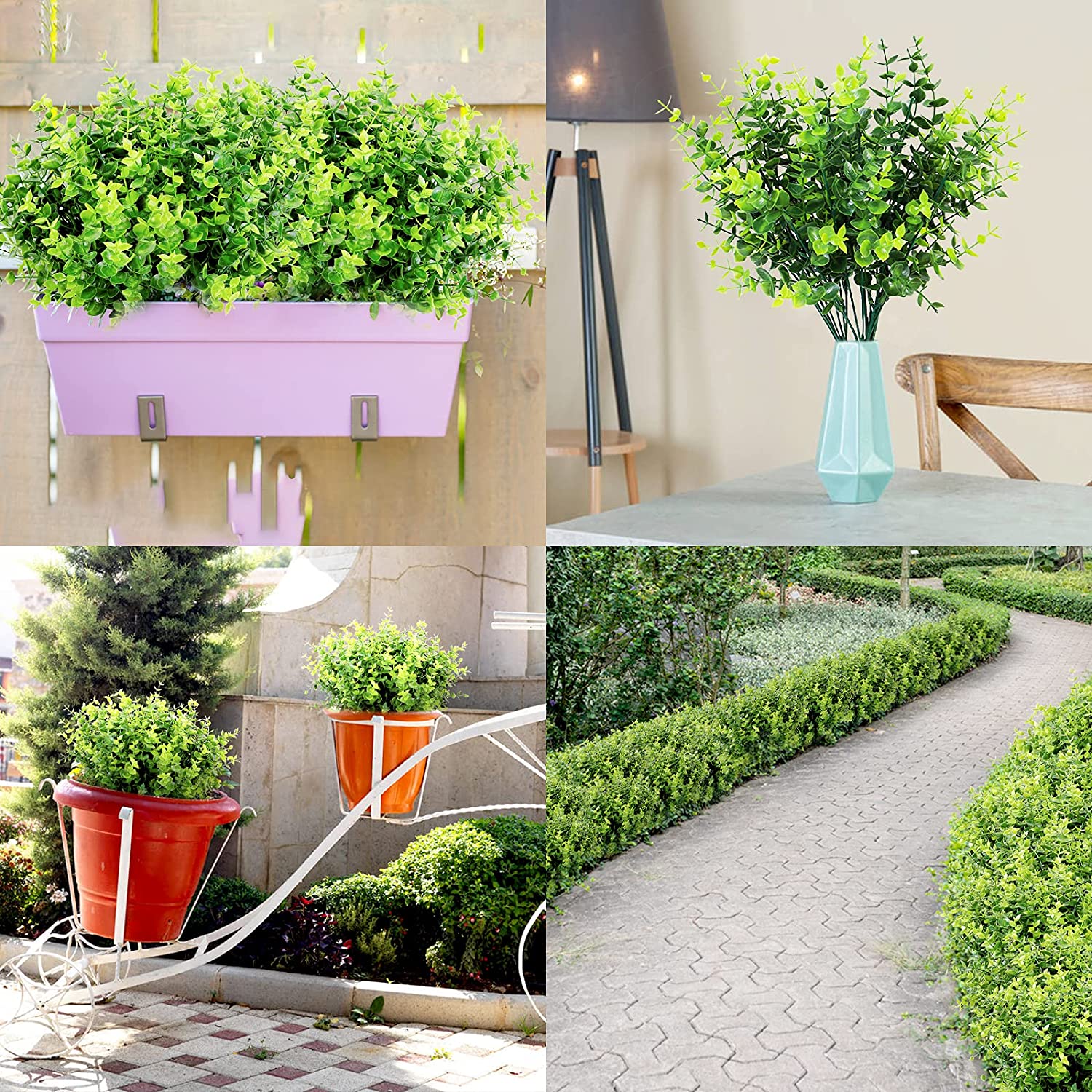 KomHome 9 Bundles Fake Plants Greenery Stems Fade Resistant Faux Plastic Plants Outdoor Indoor Artificial Boxwood for Garden Farmhouse Porch Patio Window Box Wedding Office Home Decor
