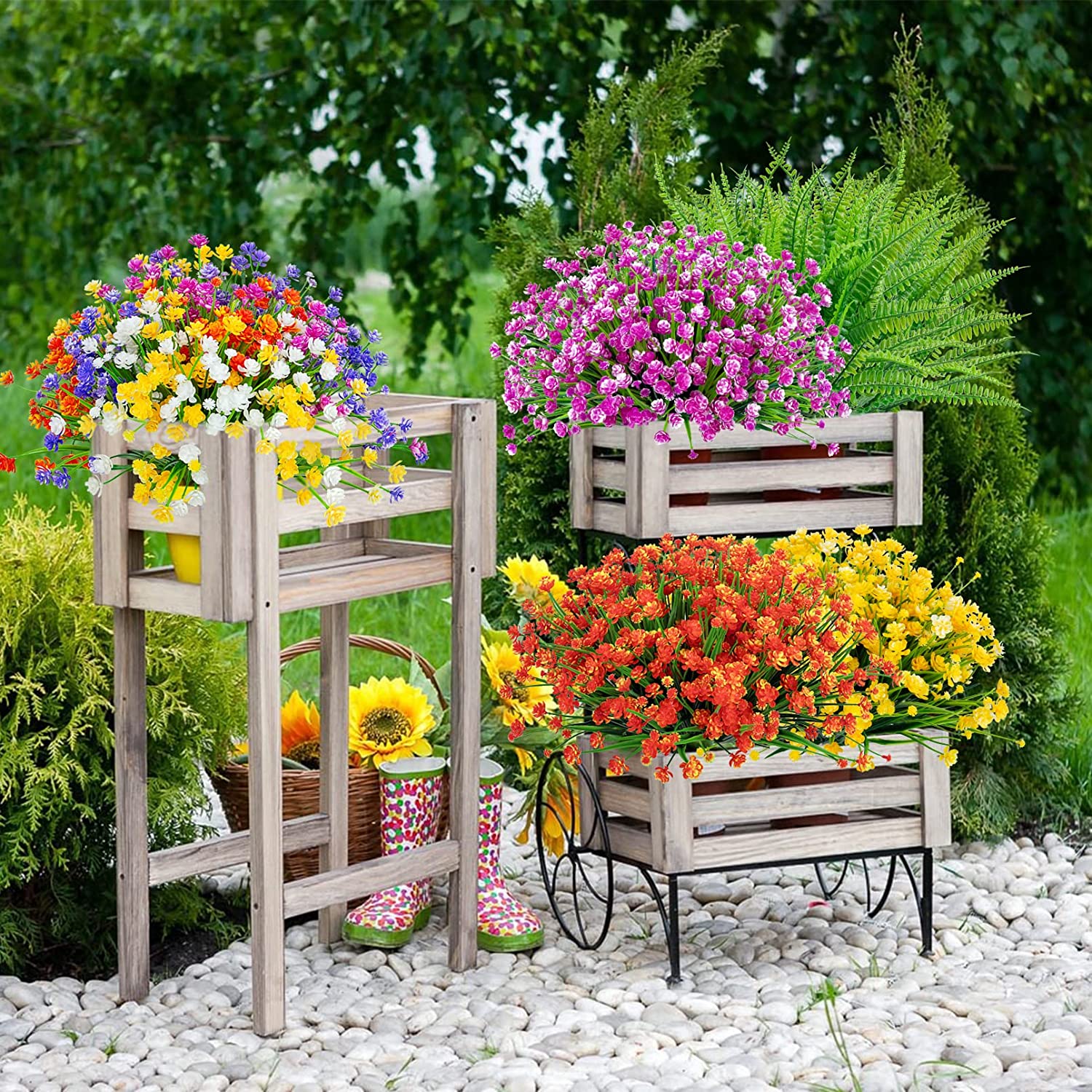 24 Bundles Artificial Flowers for Outdoor Decoration UV Resistant Fake Plastic Plants Faux Boston Fern Artificial Greenery for Spring Summer Indoor Outdoor Garden Patio Window Box Kitchen Home Decor