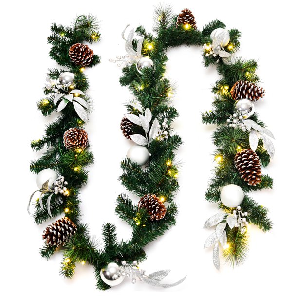 9ft Pre-Lit Artificial Christmas Garland with Mixed Decorations and LED Lights