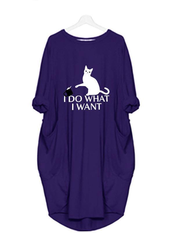 Women's Casual Cotton Letter Cat Prints Tee Dress Pocket Loose Midi Dress Plus Size - CHALIER