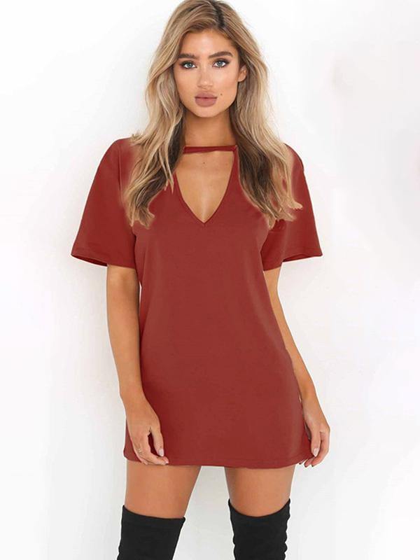 Women's Tee Dress Short Sleeve Loose V-neck T-shirt Mini Dresses Plus Size - CHALIER