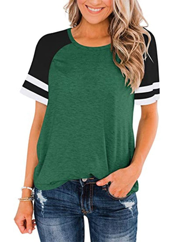 Women Stitch Striped Crew Neck Loose T-Shirt