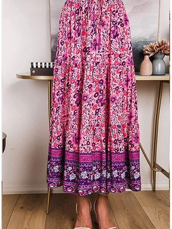 Women's A Line Maxi Skirt Bohemian Floral Printed Elastic Waist Skirt - CHALIER