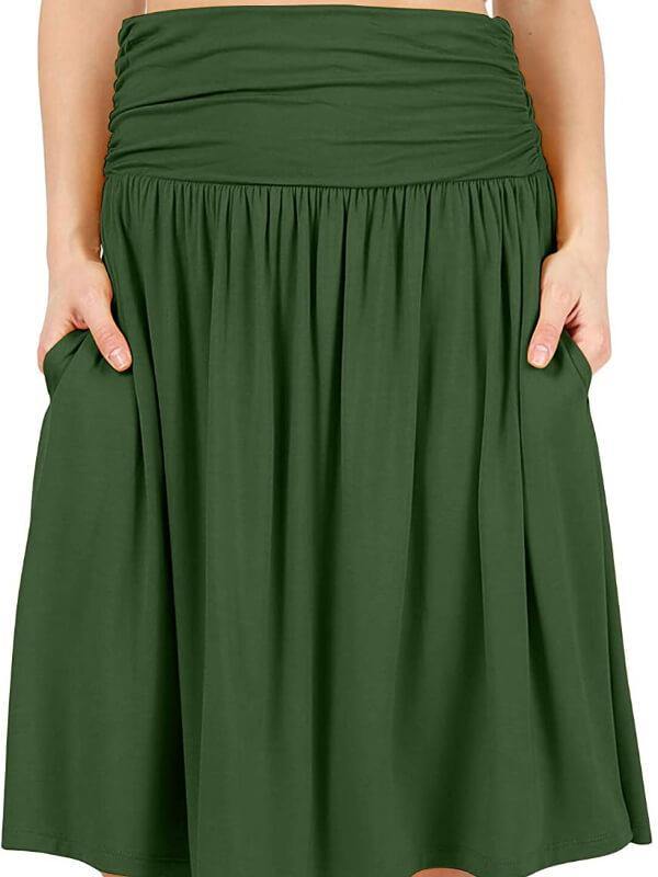 Simlu Womens Regular and Plus Size Skirt with Pockets Below The Knee Length Ruched Flowy Skirt Midi Skirt for Women - CHALIER
