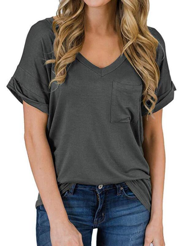 Women Cotton Solid V Neck Short Sleeve T-Shirt - CHALIER