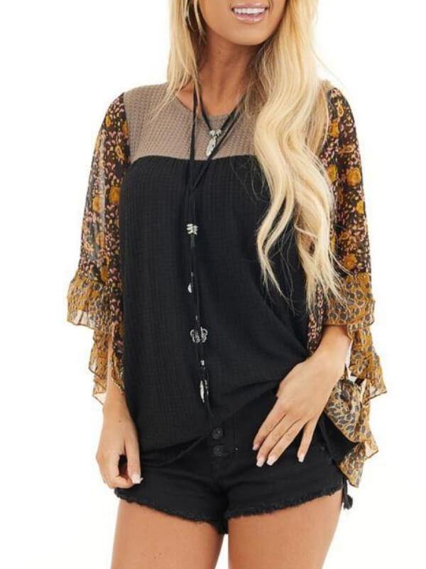 Batwing Sleeve Print Color Block Top - CHALIER