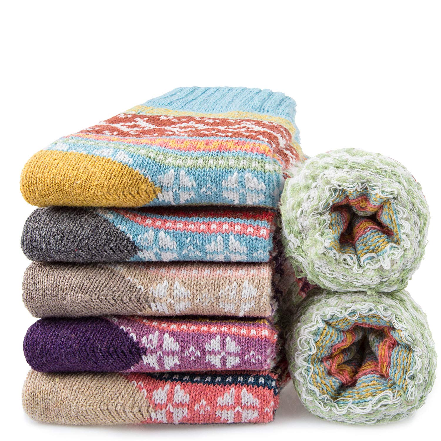 Women Winter Warm Knit Wool Casual Crew Socks 5 Pairs