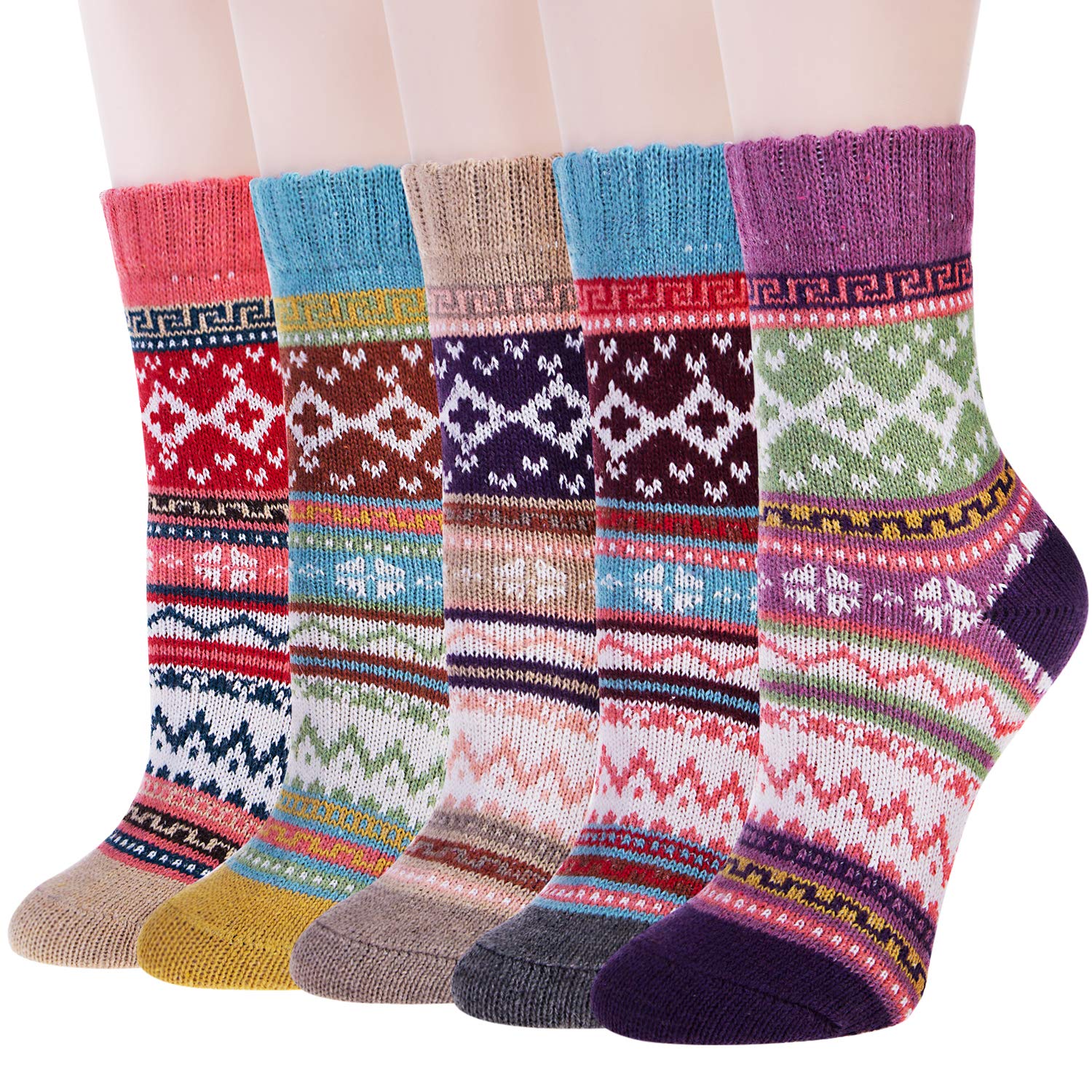 Women Winter Warm Knit Wool Casual Crew Socks 5 Pairs