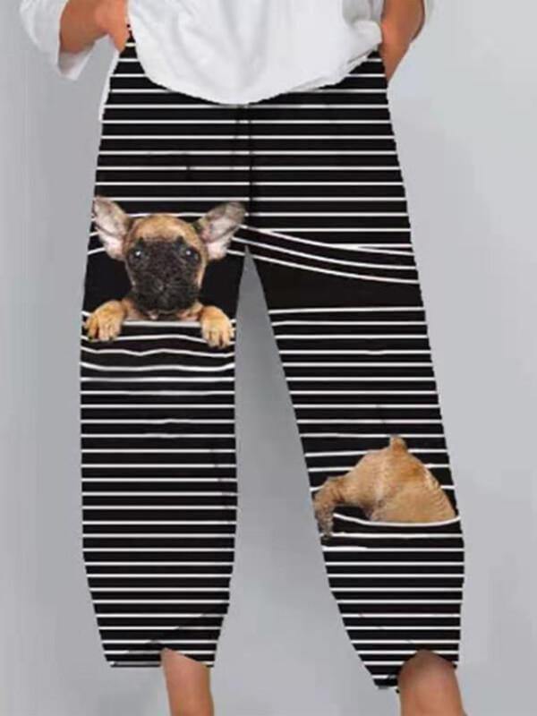 Chalier Animals Cat Print Cute Striped Patchwork Elastic Waist Plus Size Pants - CHALIER