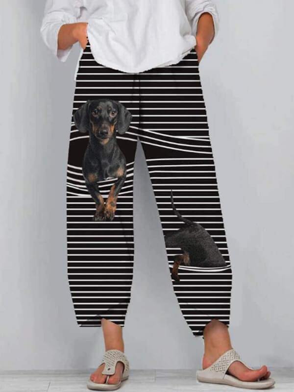 Chalier Animals Cat Print Cute Striped Patchwork Elastic Waist Plus Size Pants - CHALIER