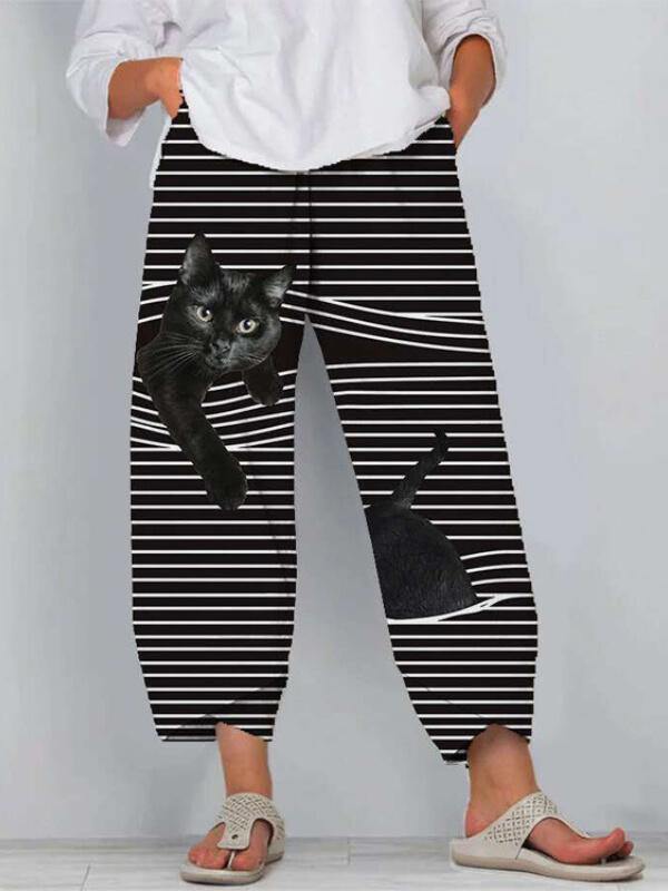 Chalier Animals Cat Print Cute Striped Patchwork Elastic Waist Plus Size Pants - CHALIER