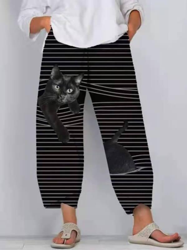 Chalier Animals Cat Print Cute Striped Patchwork Elastic Waist Plus Size Pants - CHALIER