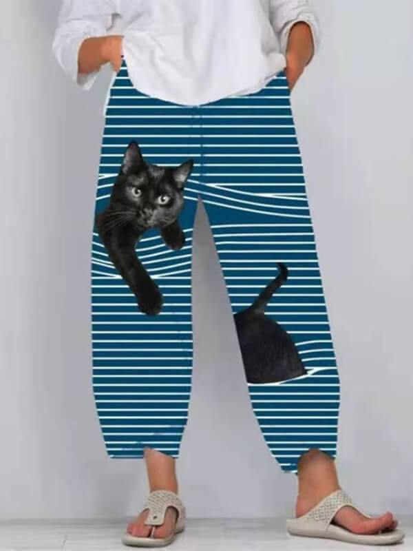 Chalier Animals Cat Print Cute Striped Patchwork Elastic Waist Plus Size Pants - CHALIER