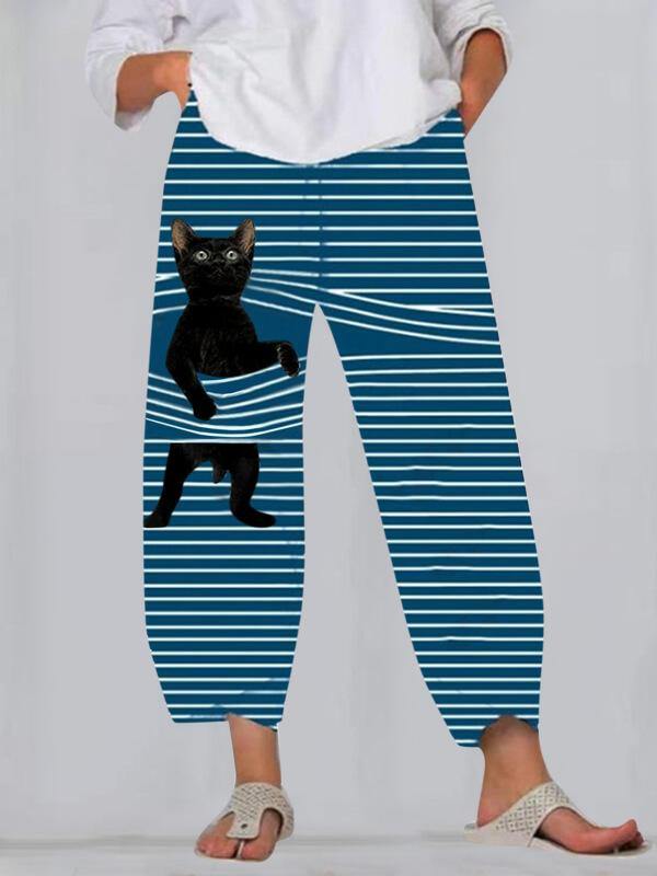 Chalier Animals Cat Print Cute Striped Patchwork Elastic Waist Plus Size Pants - CHALIER