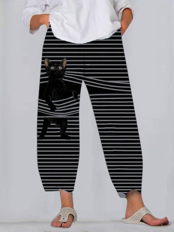Chalier Animals Cat Print Cute Striped Patchwork Elastic Waist Plus Size Pants - CHALIER
