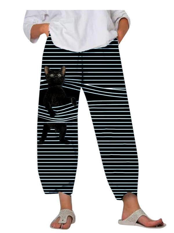 Chalier Animals Cat Print Cute Striped Patchwork Elastic Waist Plus Size Pants - CHALIER