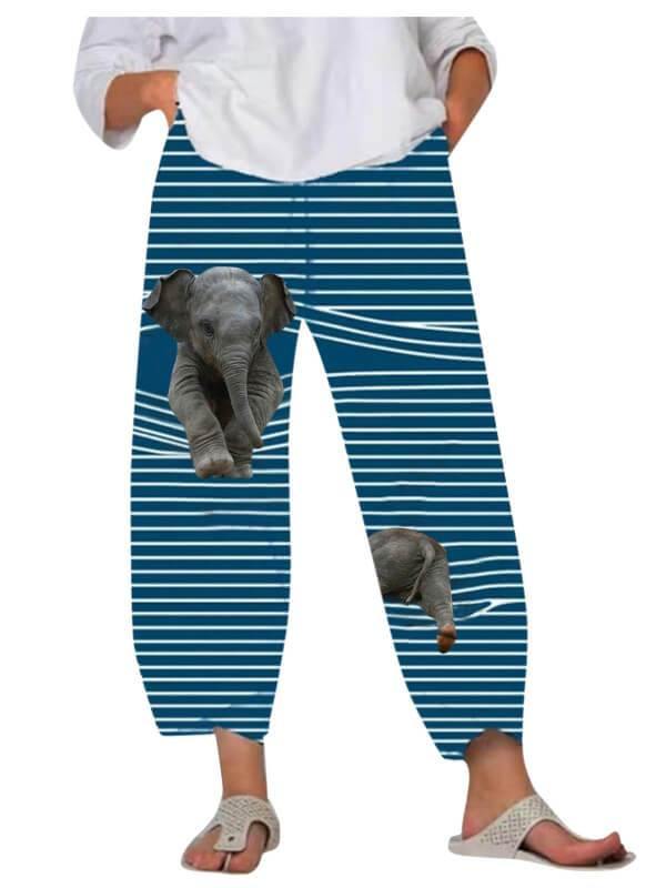 Chalier Animals Cat Print Cute Striped Patchwork Elastic Waist Plus Size Pants - CHALIER