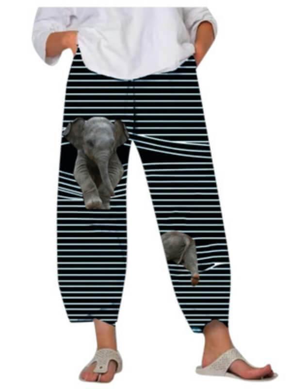 Chalier Animals Cat Print Cute Striped Patchwork Elastic Waist Plus Size Pants - CHALIER