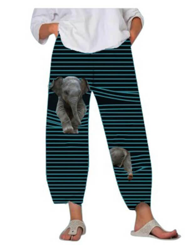 Chalier Animals Cat Print Cute Striped Patchwork Elastic Waist Plus Size Pants - CHALIER
