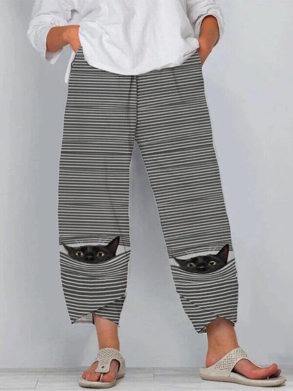 Chalier Animals Cat Print Cute Striped Patchwork Elastic Waist Plus Size Pants - CHALIER