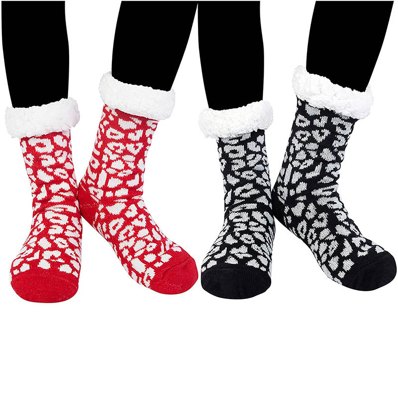 Womens Winter Slipper Socks Fuzzy Cozy Socks Christmas Gift Black/Red 2 Pairs