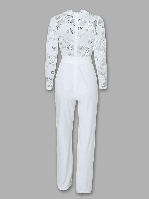 Women Sexy Lace Bodice Plunge Wide Leg Long Pants Long Sleeve Jumpsuit  White - CHALIER