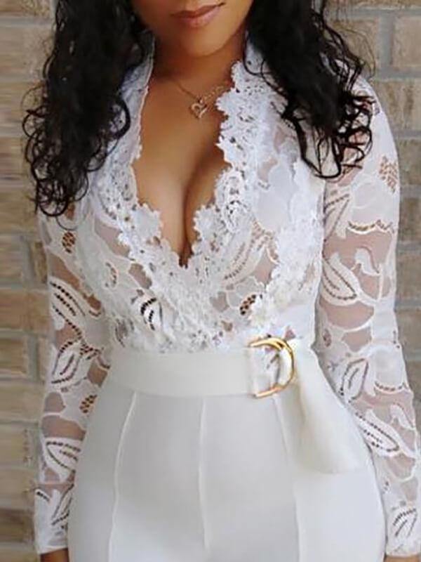 Women Sexy Lace Bodice Plunge Wide Leg Long Pants Long Sleeve Jumpsuit  White - CHALIER