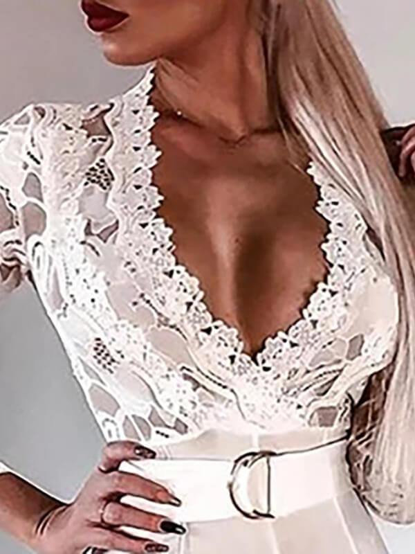 Women Sexy Lace Bodice Plunge Wide Leg Long Pants Long Sleeve Jumpsuit  White - CHALIER