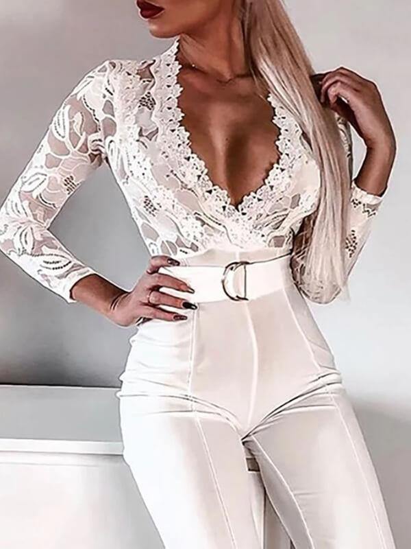 Women Sexy Lace Bodice Plunge Wide Leg Long Pants Long Sleeve Jumpsuit  White - CHALIER