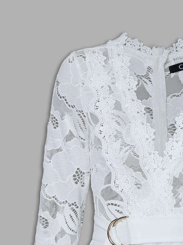 Women Sexy Lace Bodice Plunge Wide Leg Long Pants Long Sleeve Jumpsuit  White - CHALIER